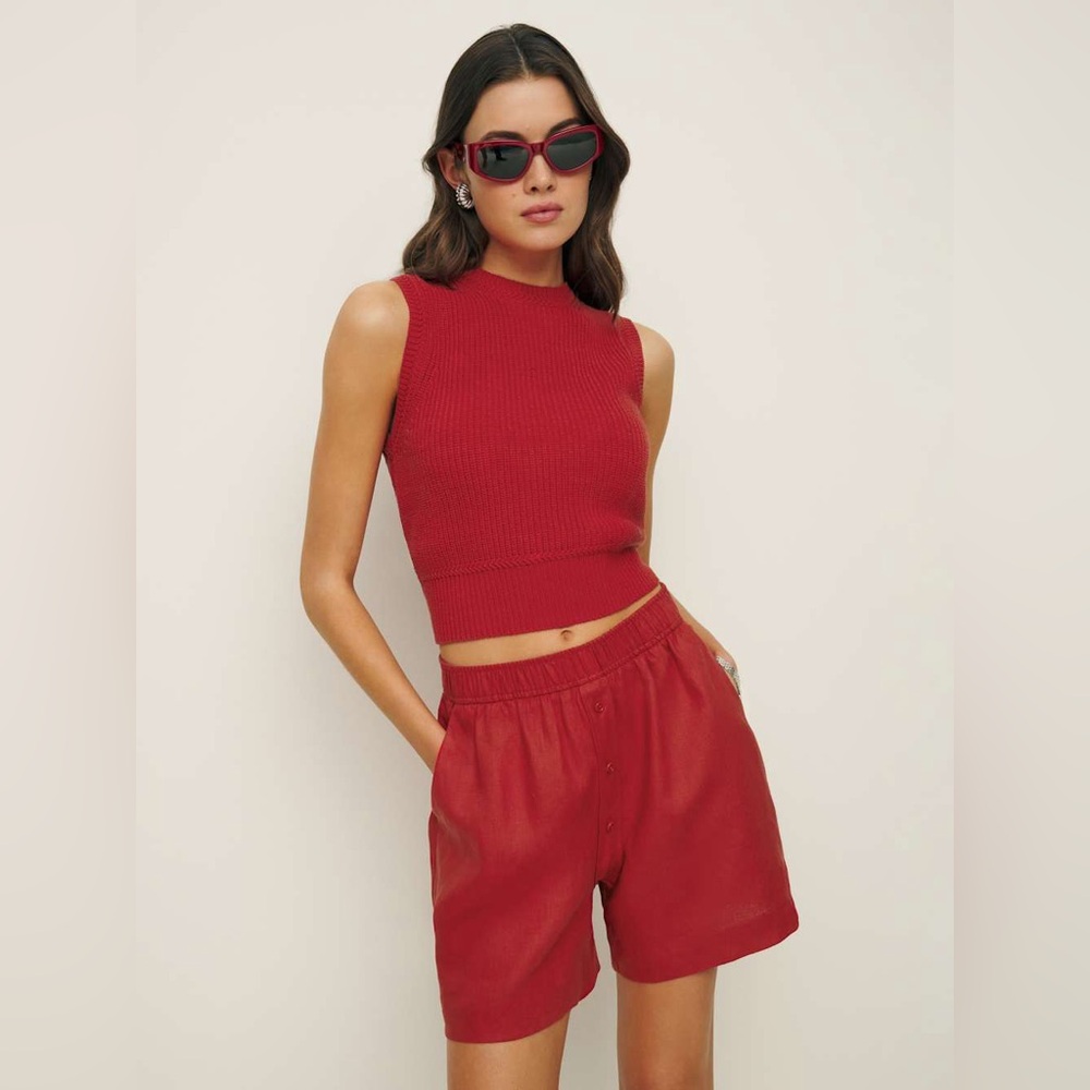 REFORMATION Billy Linen Button Boxer Short In Sundried Tomato Large